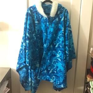 Handmade Tie dye look Blue faux fur and fleece hooded cape Tall